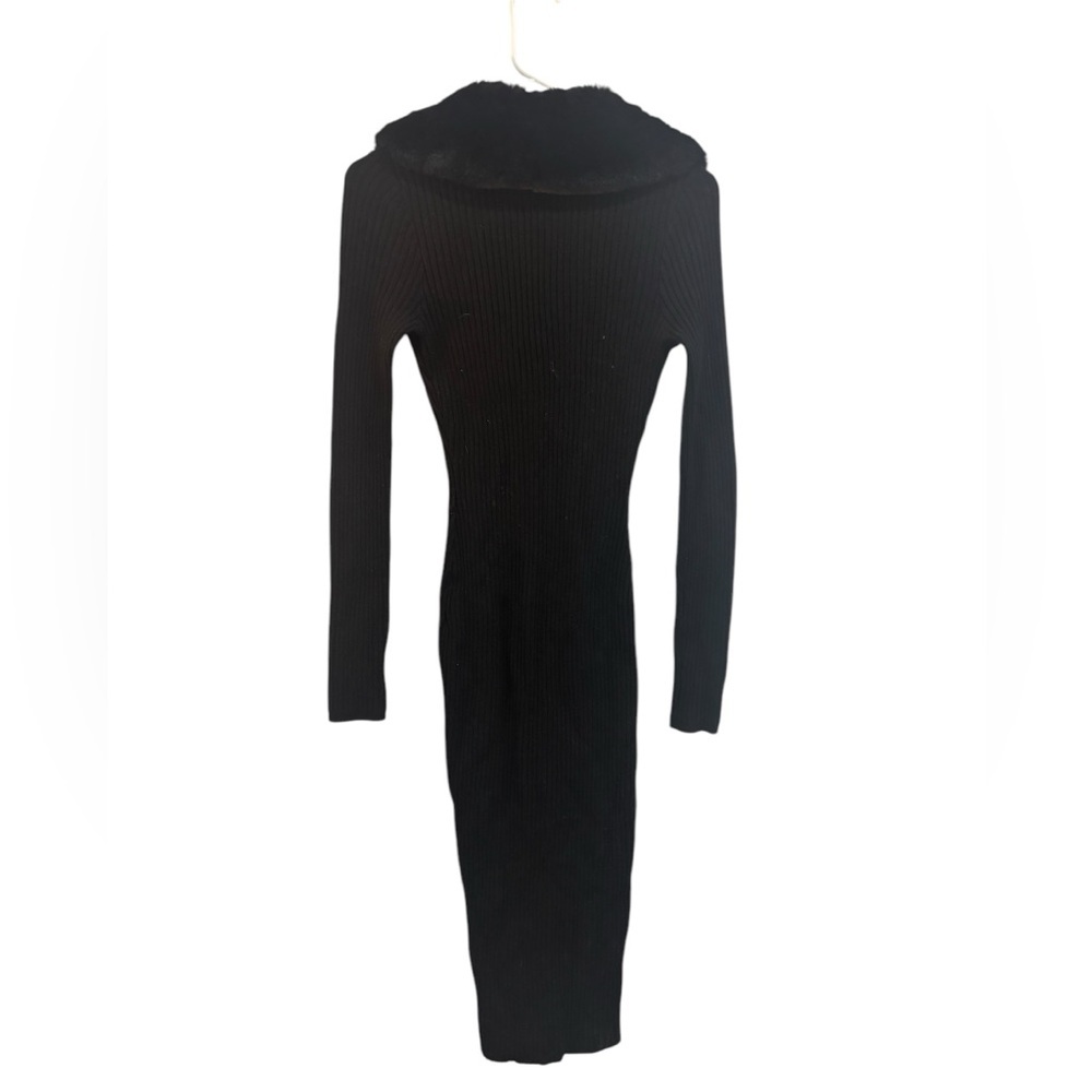 House of CB Ribbed Black Midi Dress with Faux Fur Collar - Picture 14 of 14